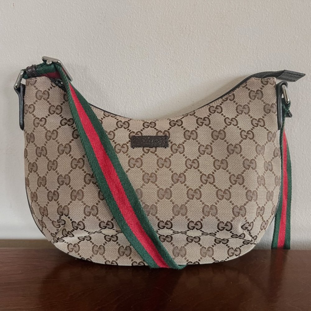 Gucci Brown GG Canvas Hobo with Green & Red Stripe Strap